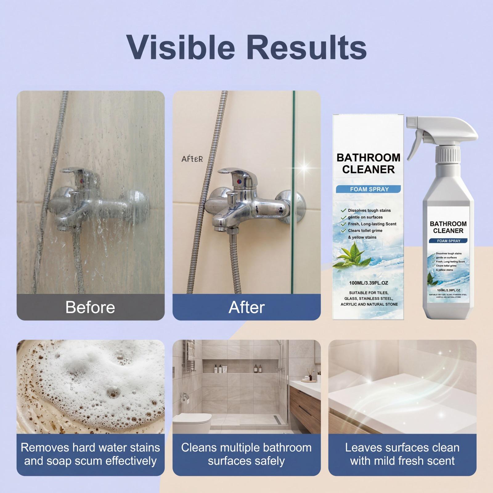 Bathroom Cleaner Foam Spray (100ml) - Citric Acid Formula for Hard Water Stains, Toilet Grime & Soap Scum on Multi-Surfaces