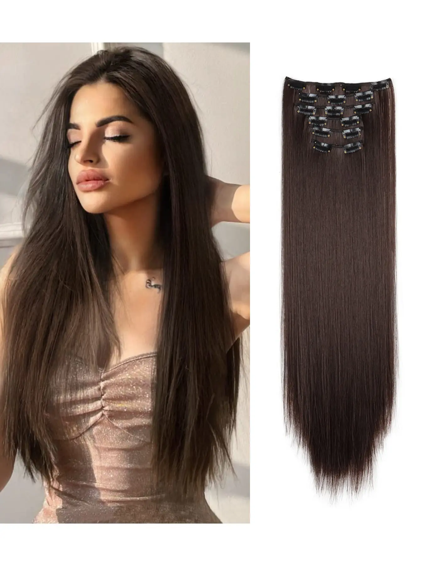 6-Piece Straight Hair Extension Set, Clip-In Synthetic Wigs, Synthetic Fiber Extensions, European & American Style, 16 Clips Included, Easy-To-Use Hair Extensions, Best Extensions
