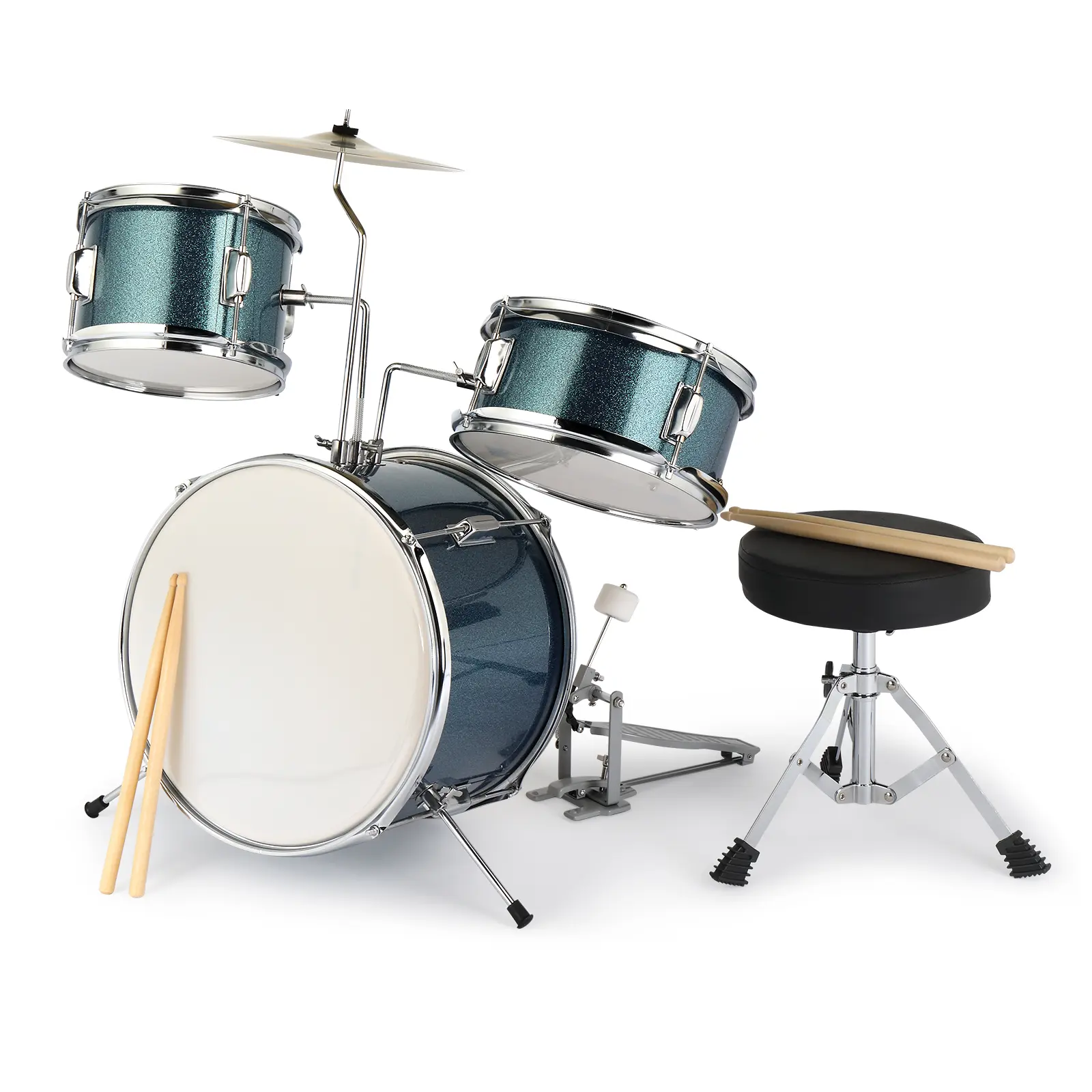 Junior Kids Metal-Wood 3-Piece Compact Durable Drum Set Kit - 14"x10"/10"x5"/8"x6" Sky Blue, Includes Drumsticks, Wrench, Screw Wrench, Strap, Stool, Cymbal, Pedal, Bright and Beautiful Sound, Ideal for Music Training, Perfect Gift for Talented Kids