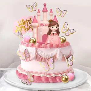 19 PCS Princess Cake Topper Castle Cake Decoration with Butterflies and Balls for Girl Kid Happy Birthday Party Decorations Princess Supplies (Pink) Fairy Ornaments