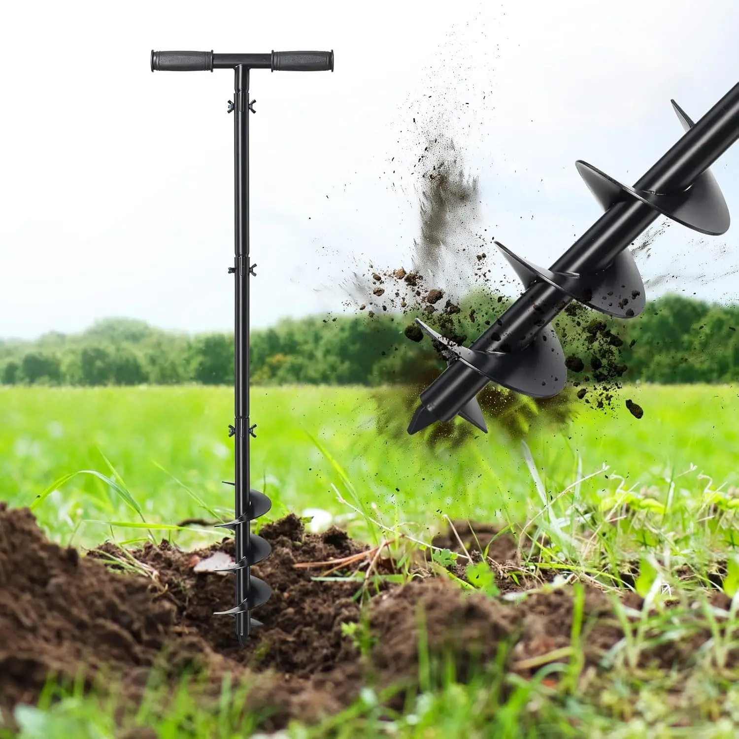 Hole Digger, Hand Auger Spiral Drill for Planting, 38 Inch Long  Hole Digger Manual Earth Auger for Fence Posts, Sand, Bulb, Seedlings, Tree, Mail Box, Non Slip T Handle