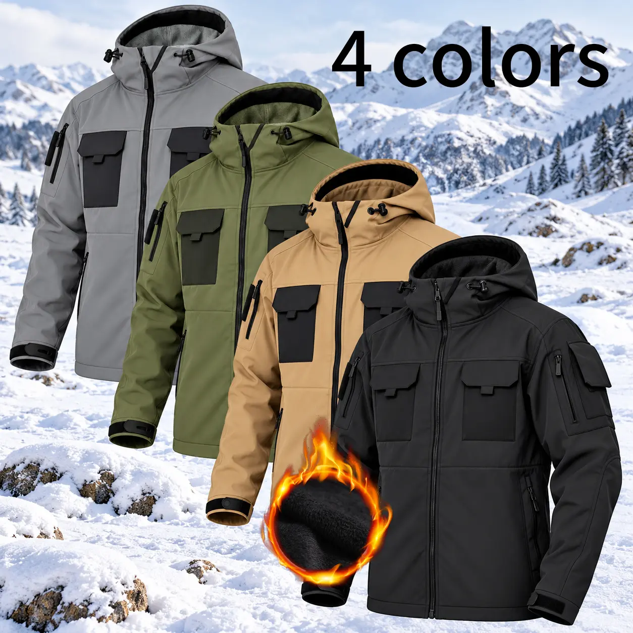 HOMUG Men's Waterproof Softshell Jacket - A windproof, fleece-lined work jacket with adjustable cuffs and hem, a hood, multiple pockets, and zippered safety pockets, suitable for outdoor work and hiking.