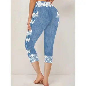 Women'S Casual Fashion Printed Skinny Jeans - High Elastic Waist, Four-Way Stretch, Butterfly & Floral Design, Shorts, Allseason Jeans|Butterfly Print Jeans|Stretchy Fabric