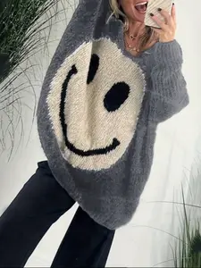 Autumn Winter New V Neck Sweater, Fun Big Smile Face Design, Casual Fashionable Knitwear for Women, Cozy Lazy Style, Knitwear Tops