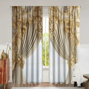 2pcs Champagne Gold Embossed Floral European Curtain Set, Easy-Clean Sheer + Blackout Fabric, Luxurious Home Decor for Living Room, Blackout Window Cover