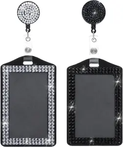 2 Pcs Bling ID Badge Holder Vertical Retractable Crystal Neck Lanyard Rhinestone Name Badges Portable for Office Business Home Black White