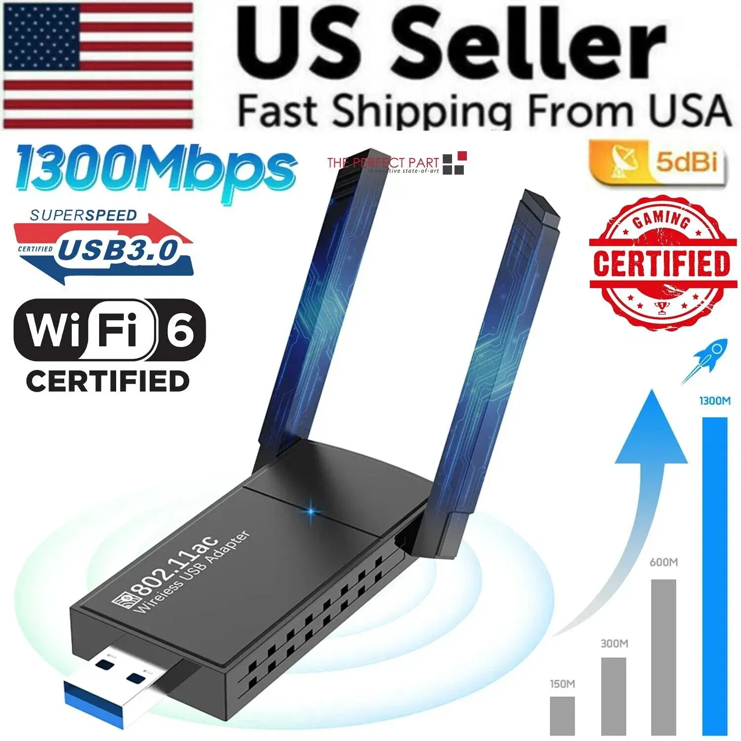 1300Mbps USB 3.0 Wireless Network Card, Dual Band USB 3.0 WiFi Wireless Network Dongle with 5dBi Dual Enhanced Antenna, Network Card for PC Laptop Desktop Wireless Adapter Dongle
