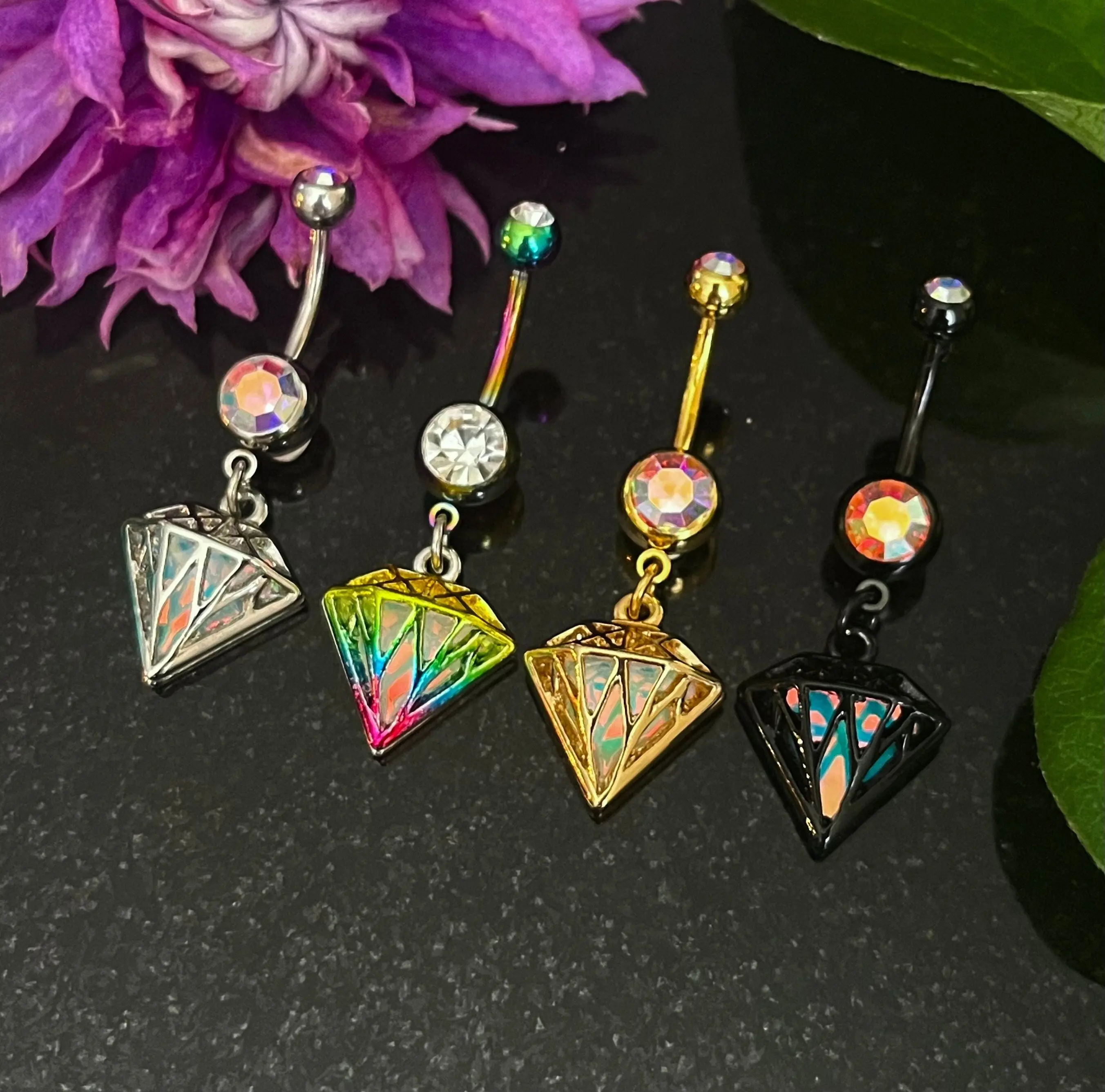1 Piece Unique Iridescent Diamond-Shaped Gem Dangle Ring Navel / Naval Belly Ring - 14g - 10mm