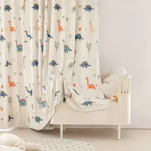 1pc Kids Room Cute Dinosaur Chenille Blackout Privacy Grommet Curtains | Heavy Drape Grommet Top, Watercolor Dinosaur/Plant Print (With Playful Elements) | High Blackout for Playful Space & Matching Sheer Curtains Easy Install Curtain