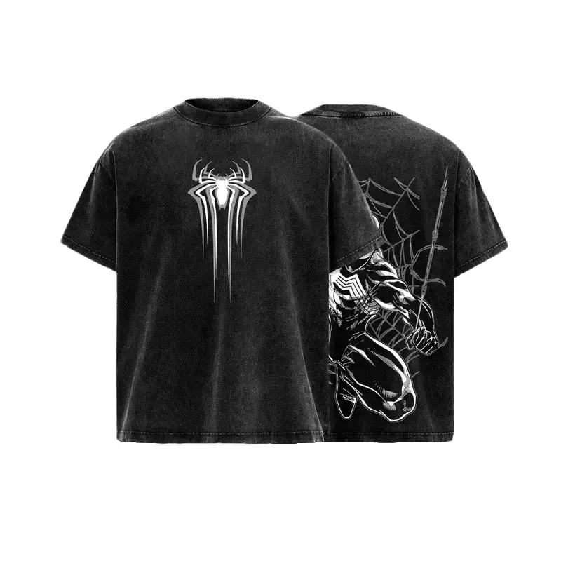 Black Web Hero Vintage Washed Graphic T-Shirt, Dark Symbiote Oversized Heavyweight Cotton Tee, Double Sided Retro Comic Streetwear Shirt, Acid Wash Y2K Hero Apparel, Unisex Fan Gift