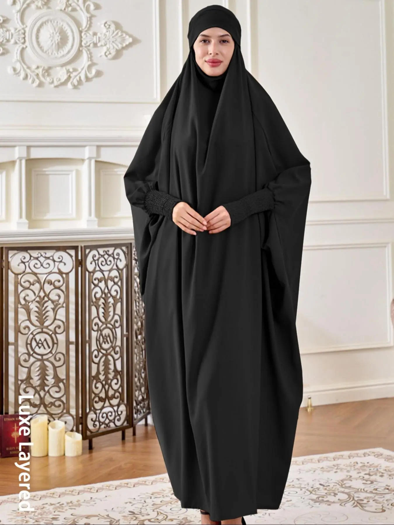 Women's Solid Color Hooded Arabian Dress, Elegant Long Sleeve Muslim Dress for Daily Wear, Women's Islamic Clothing for All Seasons