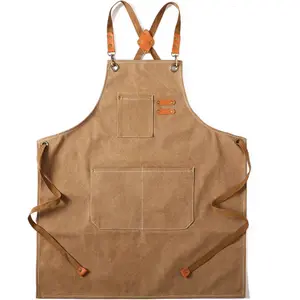 ANSQU Canvas Cross Back Chef Apron for Men & Women with Adjustable Straps, Large Pockets, Removable, Unisex, Comfortable Kitchen Baking Accessory Leather Buckle - Cotton