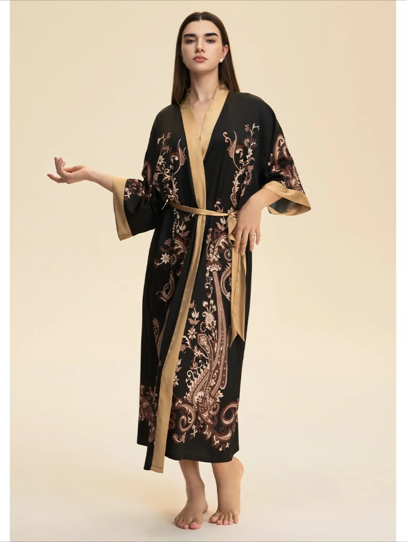 Women Long Kimono Robe Vintage Floral Print Loose Fit Tie Waist for Home Spa and Vacation