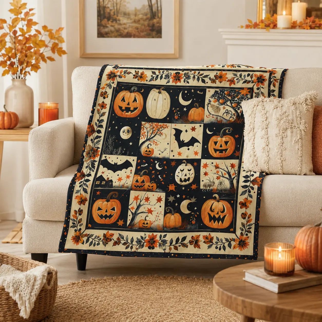 Flannel Throw Blanket - 4 Seasons Suitable, Halloween Pumpkin Patchwork Design, Machine Washable Soft Cozy Plush for Living Room, Travel, Fall Home Decor Gift