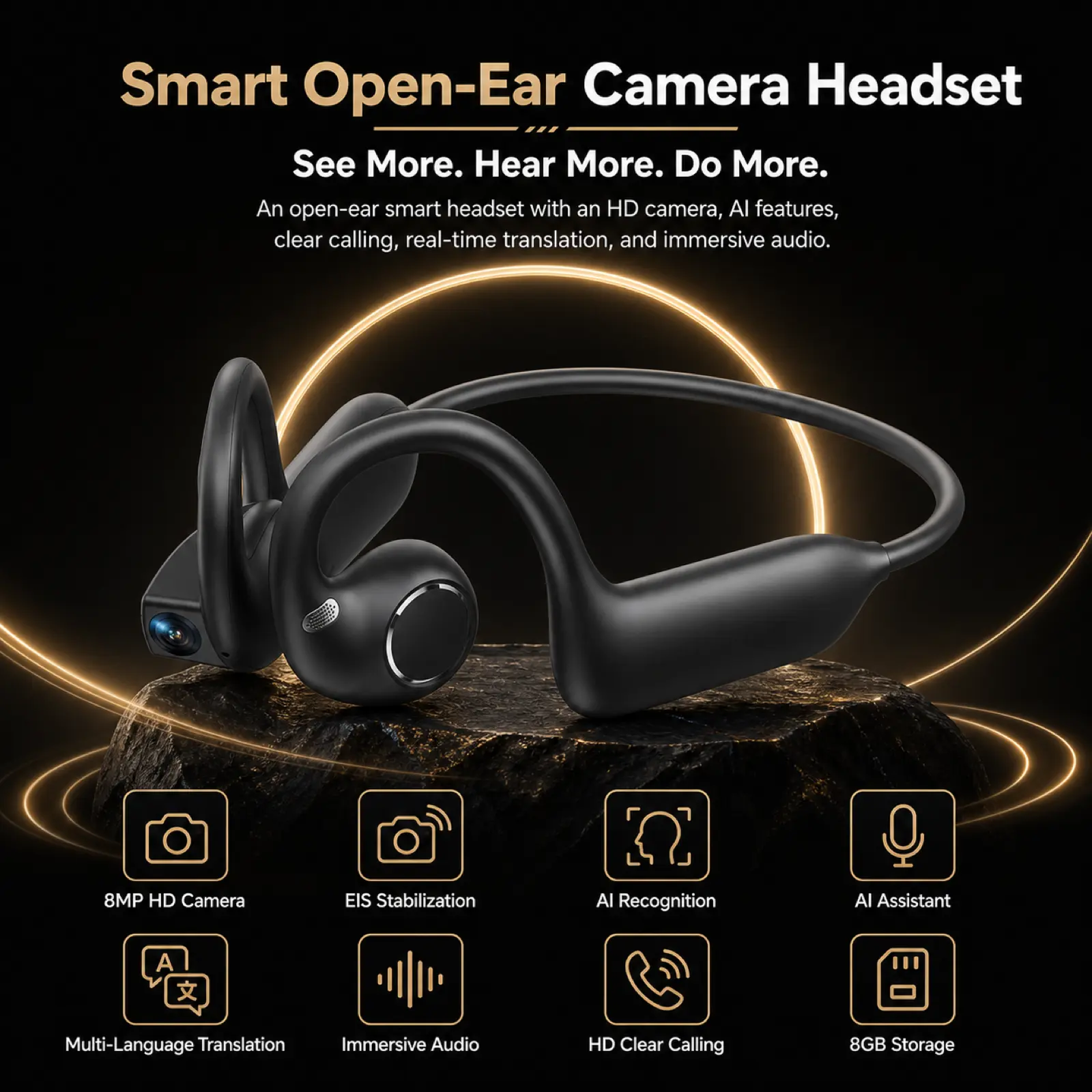 E12 Bone Conduction Bluetooth Headphones with 8MP HD EIS Recording Camera, Open-Ear Audio, 160+ Language AI Translation, Touch & Button Control, IP54 Rated Water Resistance, App Required for Cycling, Vlogging, Headphones Bluetooth