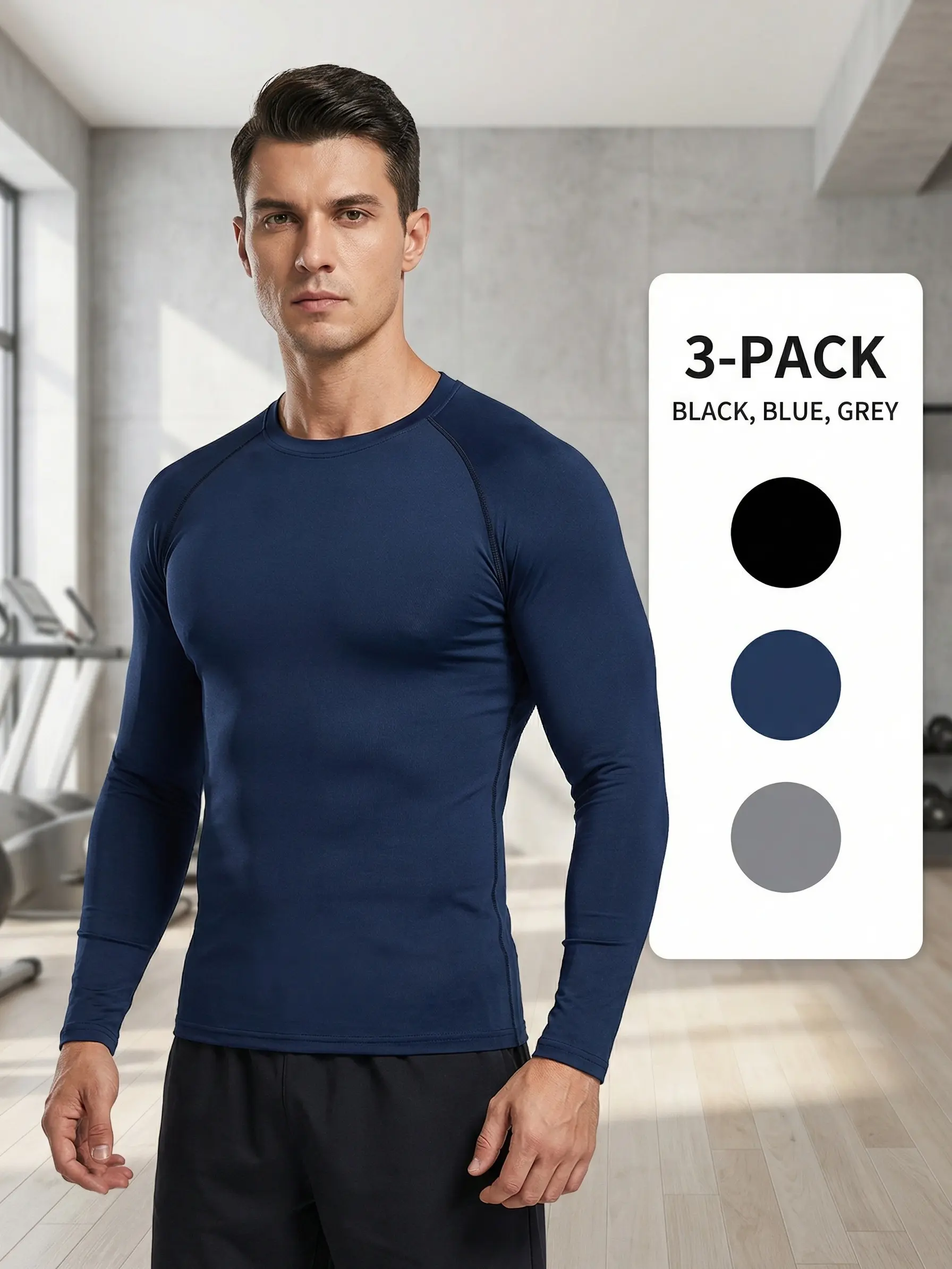 Men's 3-Pack Long Sleeve Slim Fit Mesh Athletic Running Shirts, Quick-Drying Breathable Workout Shirts, Crew Neck, Sun Protection, Sporty Chic Basic Style for Gym, Biking