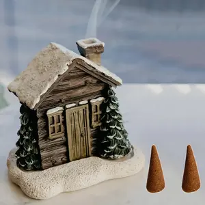 Log Cabin Incense Burner - Snowy Winter Design with 2 Incense Sticks, Ideal for Christmas Home Decor and Chimney Decorations