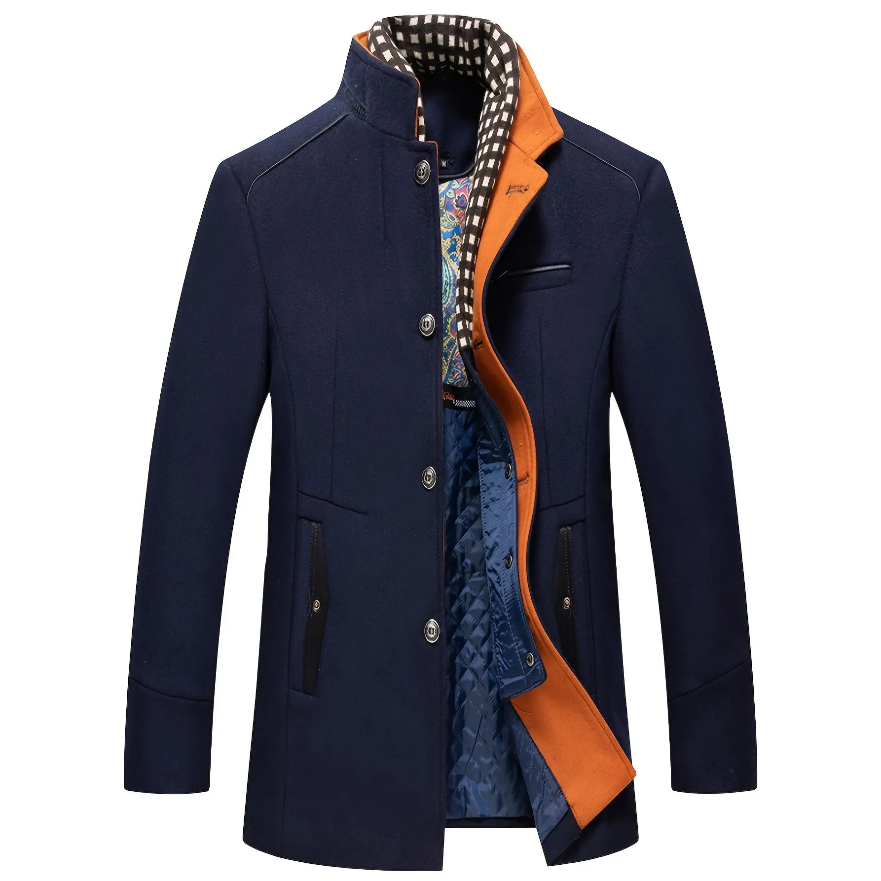 Men's Elegant Blended Long-Sleeve Raincoat Jacket - Windproof, Warm, Scarf-Embellished, Button Closure, Side Pockets - Black/Purple/Grey, Large - Winter Business Menswear