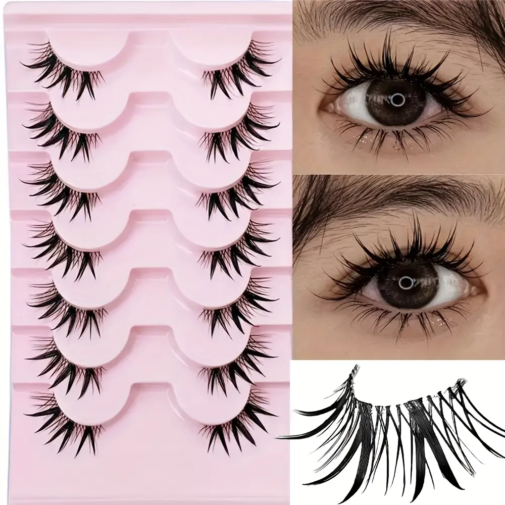 7 Pairs Half Eye False Eyelashes, Artificial Lashes, Wet Look Manga Lashes, Fluffy Volume Eyelashes, Japanese Anime Cosplay Style, Spiky Design for Dramatic Look, Cosmetic, Fluffy Eyelashes Cluster, Doll Eyelashes