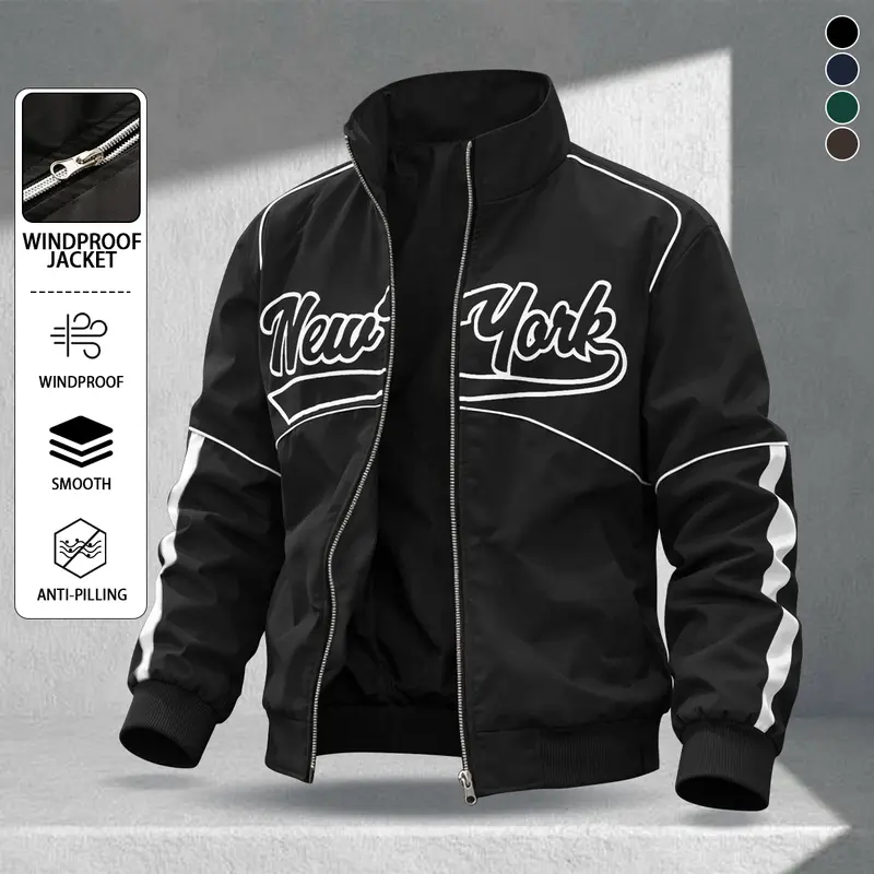 Men's Jacket Casual Letter Print Long Sleeve, Spring Summer Street Cool Style Racing Jacket, Black Motorcycle Jacket, Long Sleeve New Rave Designer Bomber Jacket, Street Style Fit, Perfect Gift for Friends, Husbands, Boyfriends