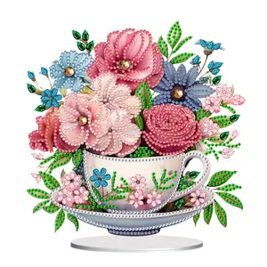 Acrylic Special Shape Teacup Gnome Diamond Painting Tabletop Ornaments Kit Table Top Diamond Painting Ornament Kits 5D DIY Diamond Art Tabletop Decorations for Home Office Decor