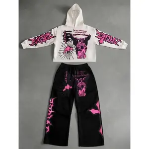 TikTok Viral! Pink Angel Print Hoodie and Sweatpants Set, Perfect for Streetwear and Y2K FashionGift