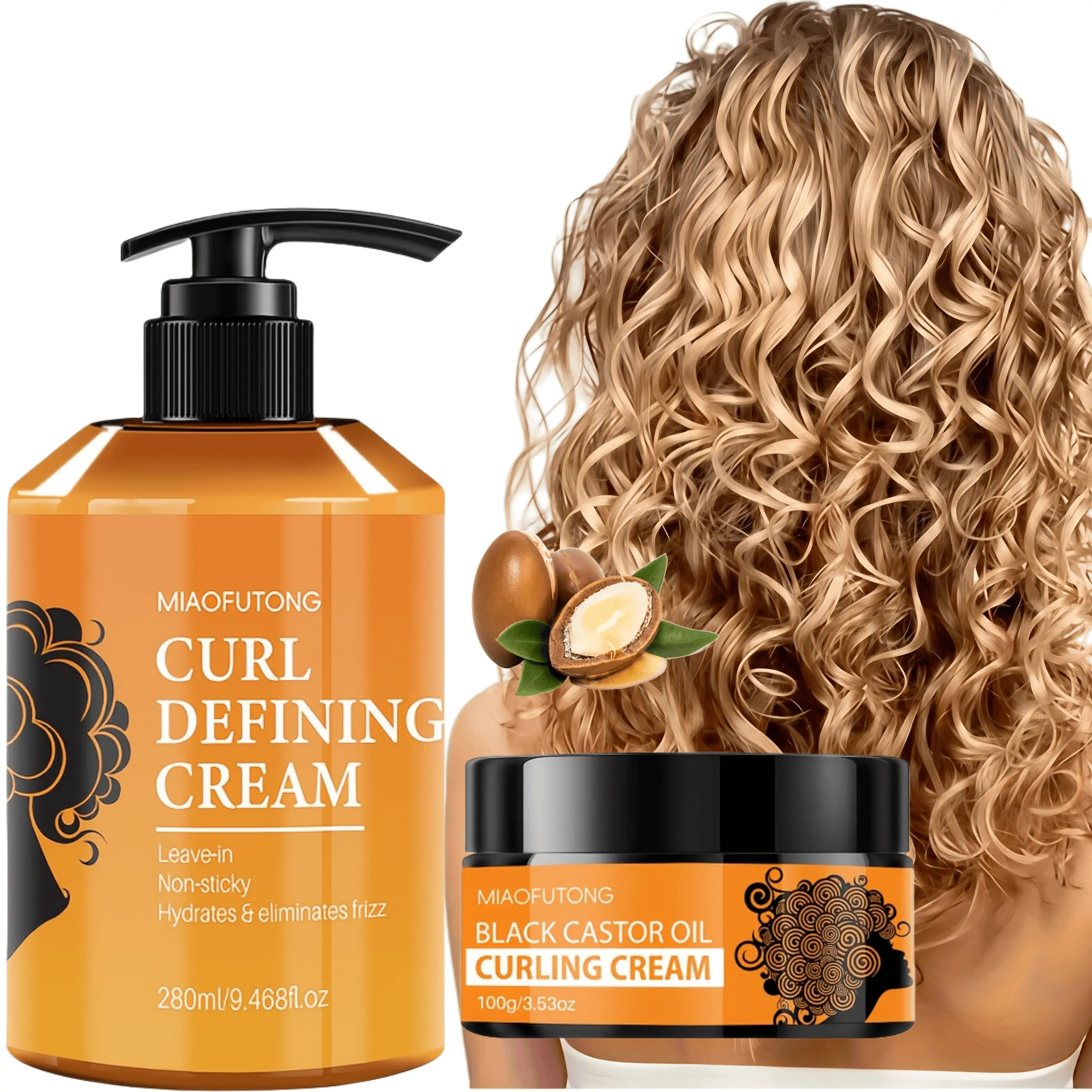 Two-piece curl styling care set: includes 280 ml Moroccan curl-setting cream and 100 g marang curl cream. Suitable for curly hair—hydrates, adds volume, enhances curl definition, and provides elasticity. Unisex leave-in conditioner.