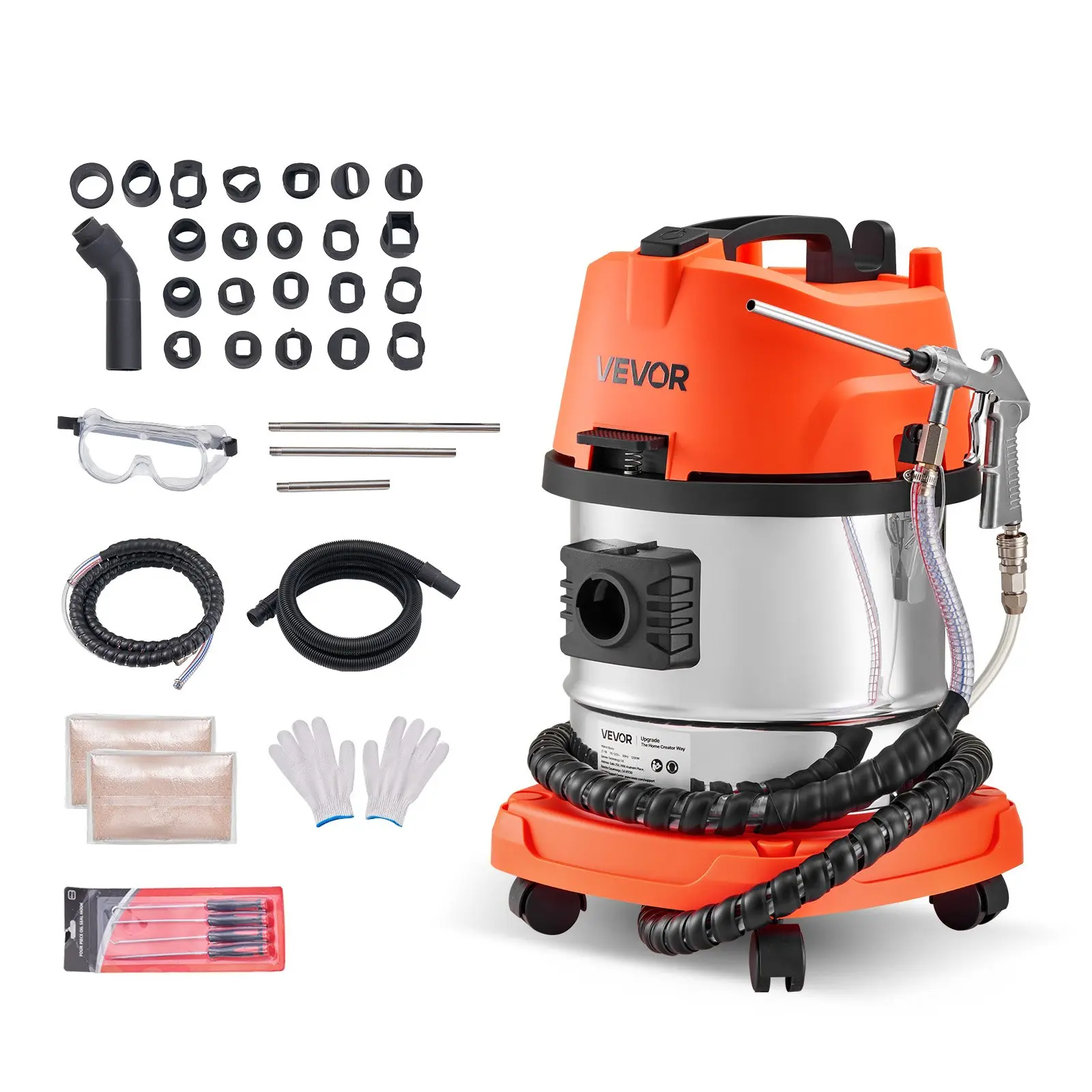 VEVOR Vacuum-in Engine Intake Valve Carbon Cleaning Walnut Blaster Kit, 1200W Garage Tool Kit for Car Owners, with Extension Nozzle Gun, 5.5lbs Walnut Shell Media, 23 Adapters, 13L, 29.21 lbs, 15x15x24" (380x380x610mm)