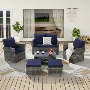 ARCH 6 Piece Wicker Patio Furniture Sets with Ottoman & Tempered Glass Coffee Table