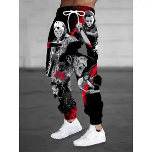 [Horror-Themed Print Joggers] Red & Black 3D Horror-Themed Print Drawstring Joggers - Casual & Sporty Polyester Sweatpants with Pockets, Machine Washable