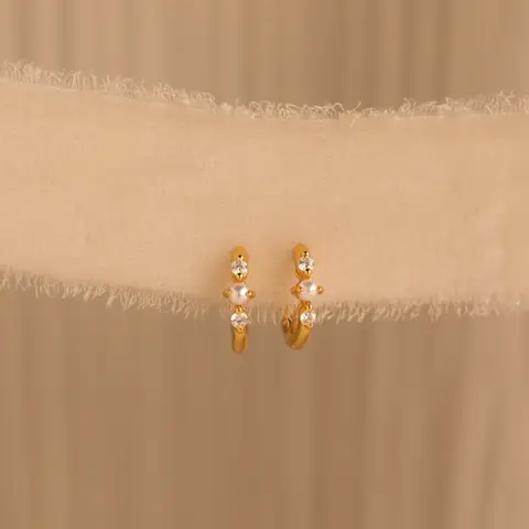 Pearl Diamond Huggies by Caitlyn Minimalist - Dainty Diamond Earrings in Gold - Pearl Hoop Earrings - Elegant Crystal Jewelry - Christmas Gifts