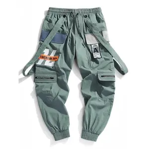 Men's Letter Print Patched Drawstring Waist Cargo Pants, Casual Loose Multi-pocket Belt Decor Convertible Trousers for Daily Wear, Fashion Men's Bottoms for All Seasons, Streetwear Joggers