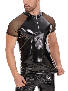 Men's Shiny Leather Mesh Shoulder Insert Short Sleeve Top, Round Neck PU Leather Sexy Shirt, Underwear, Stylish Casual Wear for All Seasons Clothes