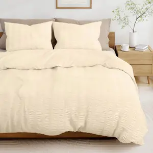 Beige Duvet Cover Queen Size Seersucker 3 Pieces Bedding Set Includes 1 Duvet Cover 90x90 Inches and 2 Pillowcases 20x26 Inches