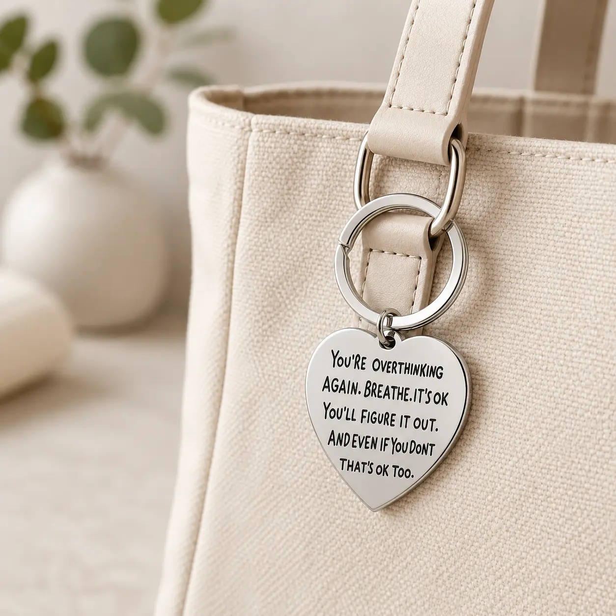 Heart Carved Stainless Steel Keychain Inspirational Mental Health Awareness Key Ring Love Theme Positive Quote Pendant Cute Portable Jewelry Ideal Birthday Holiday Gift for Friends Family Colleagues Emotional Healing Decor Key Ornament