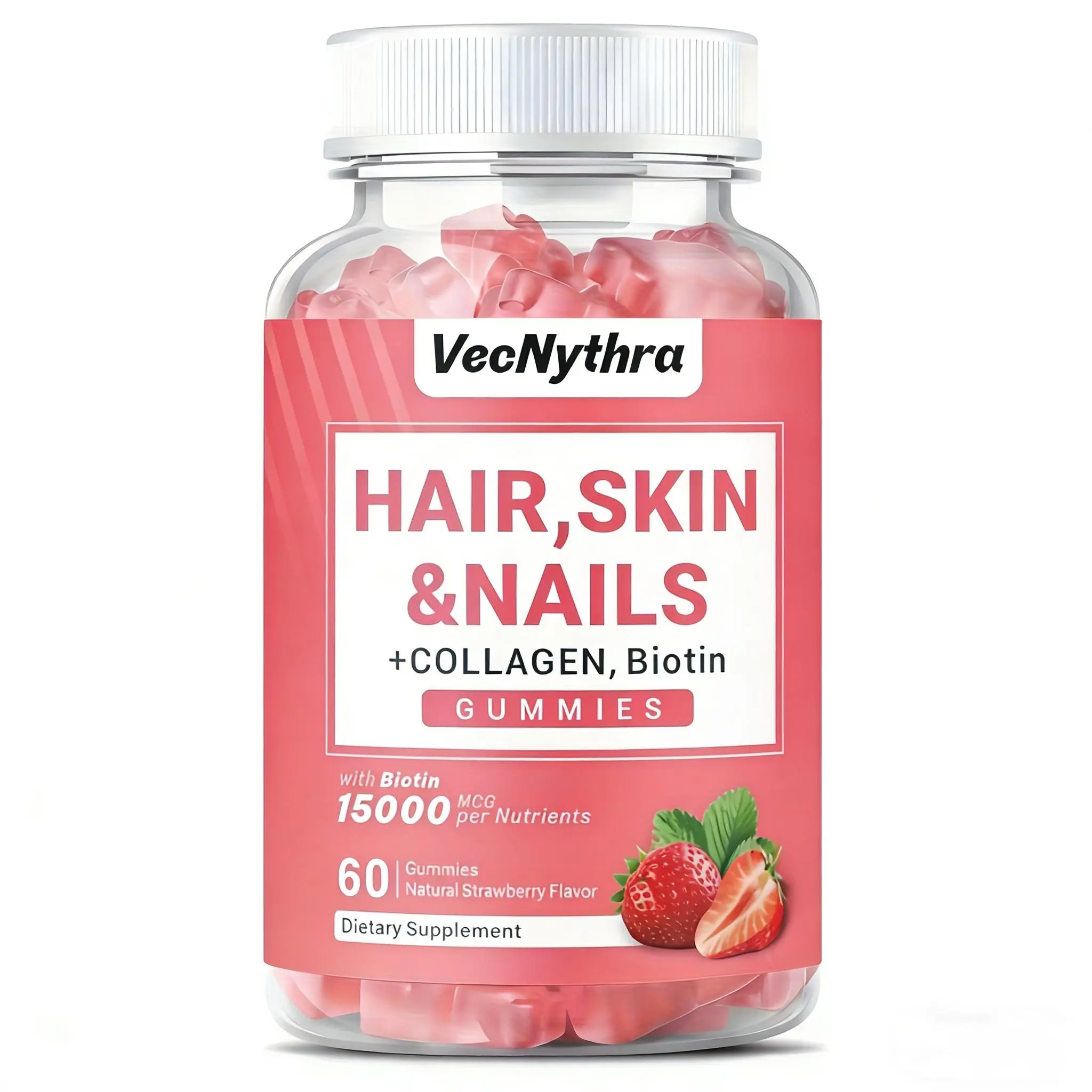 VecNythra Hair, Skin & Nails Gummies, with Biotin & Collagen, Supports Healthy Hair & Radiant Skin, Natural Strawberry Flavor - 60 Count
