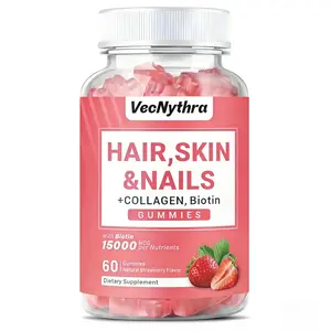 VecNythra Hair, Skin & Nails Gummies, with Biotin & Collagen, Supports Healthy Hair & Radiant Skin, Natural Strawberry Flavor - 60 Count