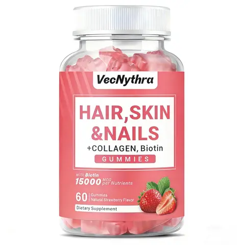 VecNythra Natural Edible Chewable Hair Growth Dietary Supplements for Adults - Strawberry Flavor, Biotin & Collagen, 60 Pieces, Hair & Nail Care, Immune Support, 24-Month Shelf Life, Multi-Pack Option
