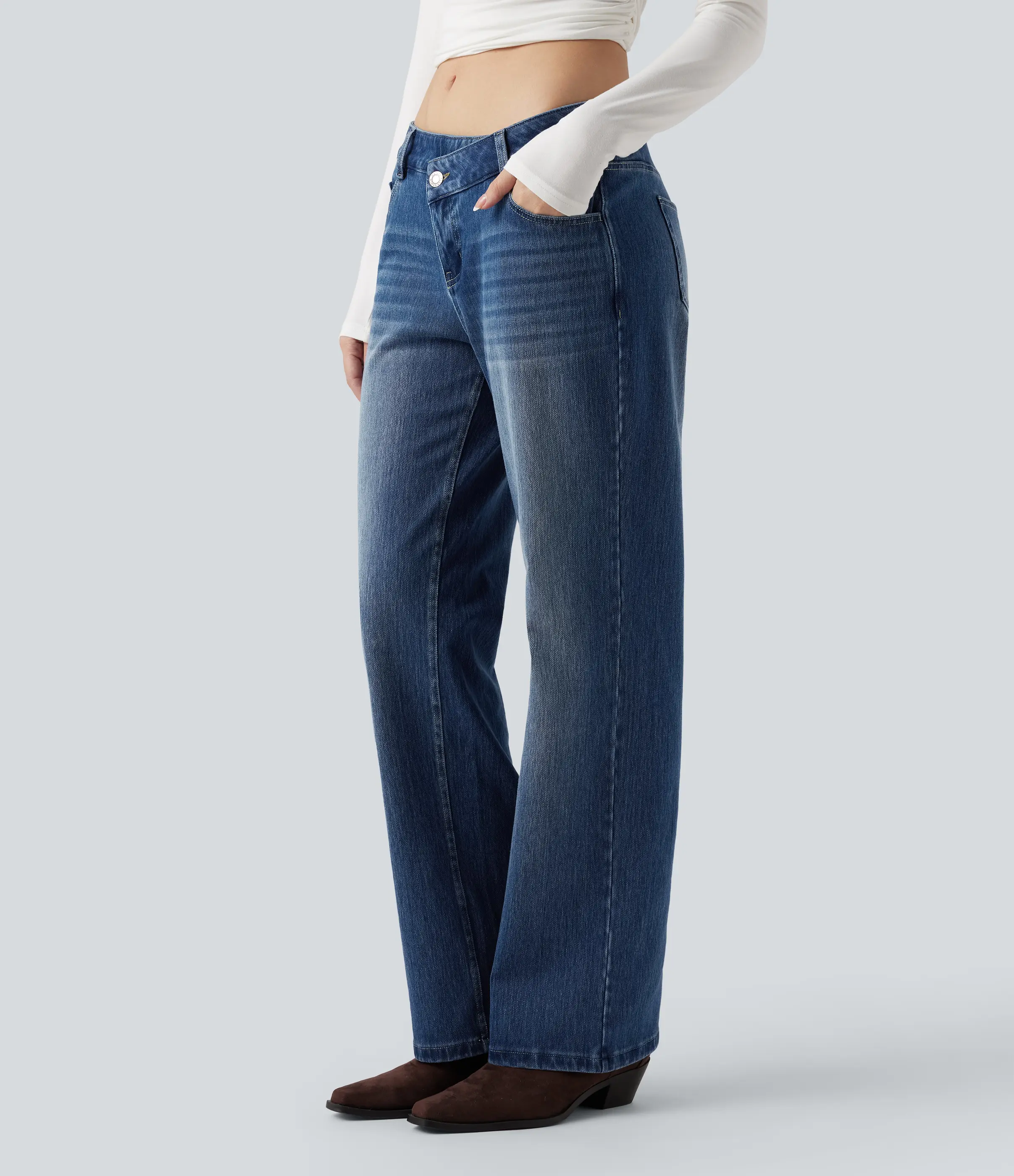 Halara Flex Asymmetric Low Rise Straight Leg Casual Jeans with Pockets