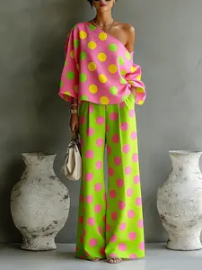 2026 Summer New Colorful Polka Dot Set, Off-Shoulder Contrast Top, Flowy Long Pants, Two-Piece, European and American Style