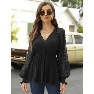 Women’s Peplum Tops Lace Crochet V Neck Pleated Flare Blouse with Smocked Cuffs
