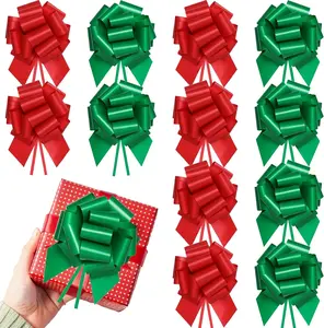 12 Pcs Large Christmas Bows for Gift Wrapping, 5 inch Xmas Pull Bows Christmas Ribbon for Presents, Tree, Wine Bottles, Festive Decorations - Red + Green