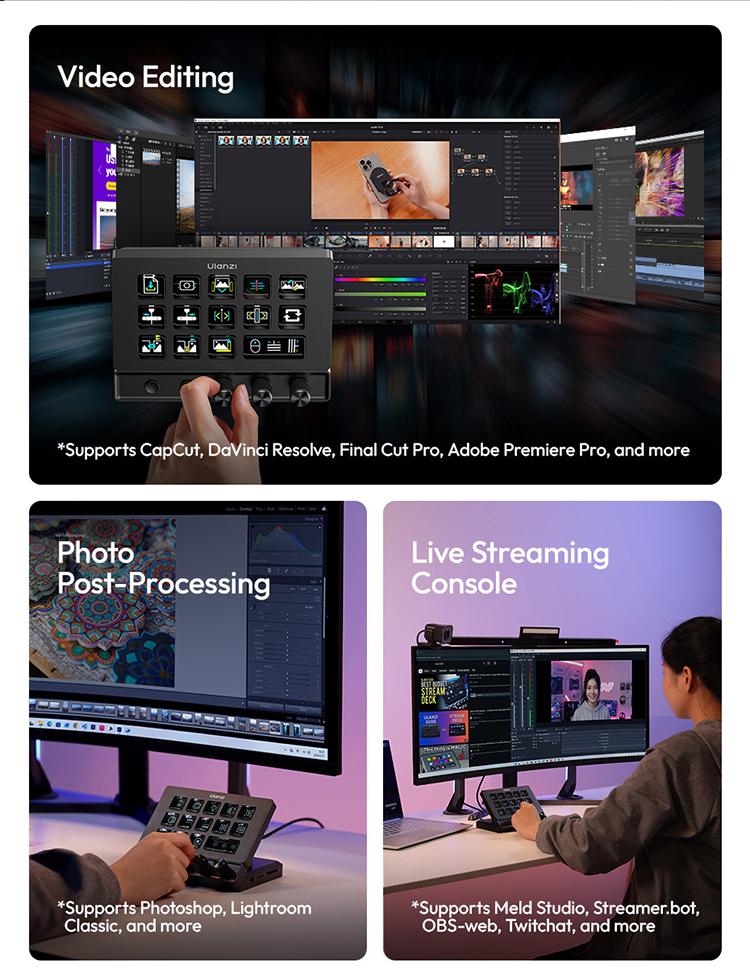 ULANZI D200X Stream Controller with 3 Knobs, 14 Customizable LCD Keys Macro Keyboard, 8-in-1 USB-C Hub Docking Station with 4K HDMI Content Creator Equipment for OBS/Video Editing/Photography/PC