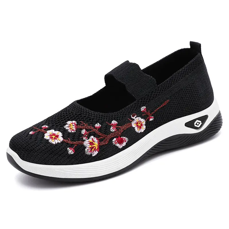 OFIREND | Women's Plum Blossom Embroidered Slip-On Walking Shoes, Breathable Hollow Knit Casual Sneakers with EVA Soft Soles, Non-Slip Comfort Loafers for Seniors & All-Day Standing