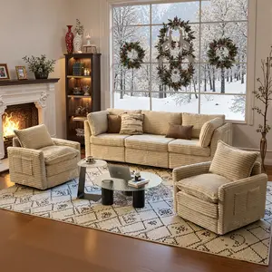 HOOOWOOO 5 PCS Modular Sectional Sofa with Frame, Plush Corduroy Cloud Couch, Easy Assembly, Sectional Couches for Living Room, L Shaped Cloud Couch with Swivel Accent Chairs Set【5 Packages Shipping】