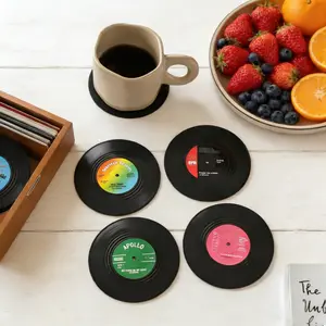 Retro record design coasters, 6 pieces/set, home/office coasters, heat-resistant and non-slip coasters, suitable for coffee cups and tea cups