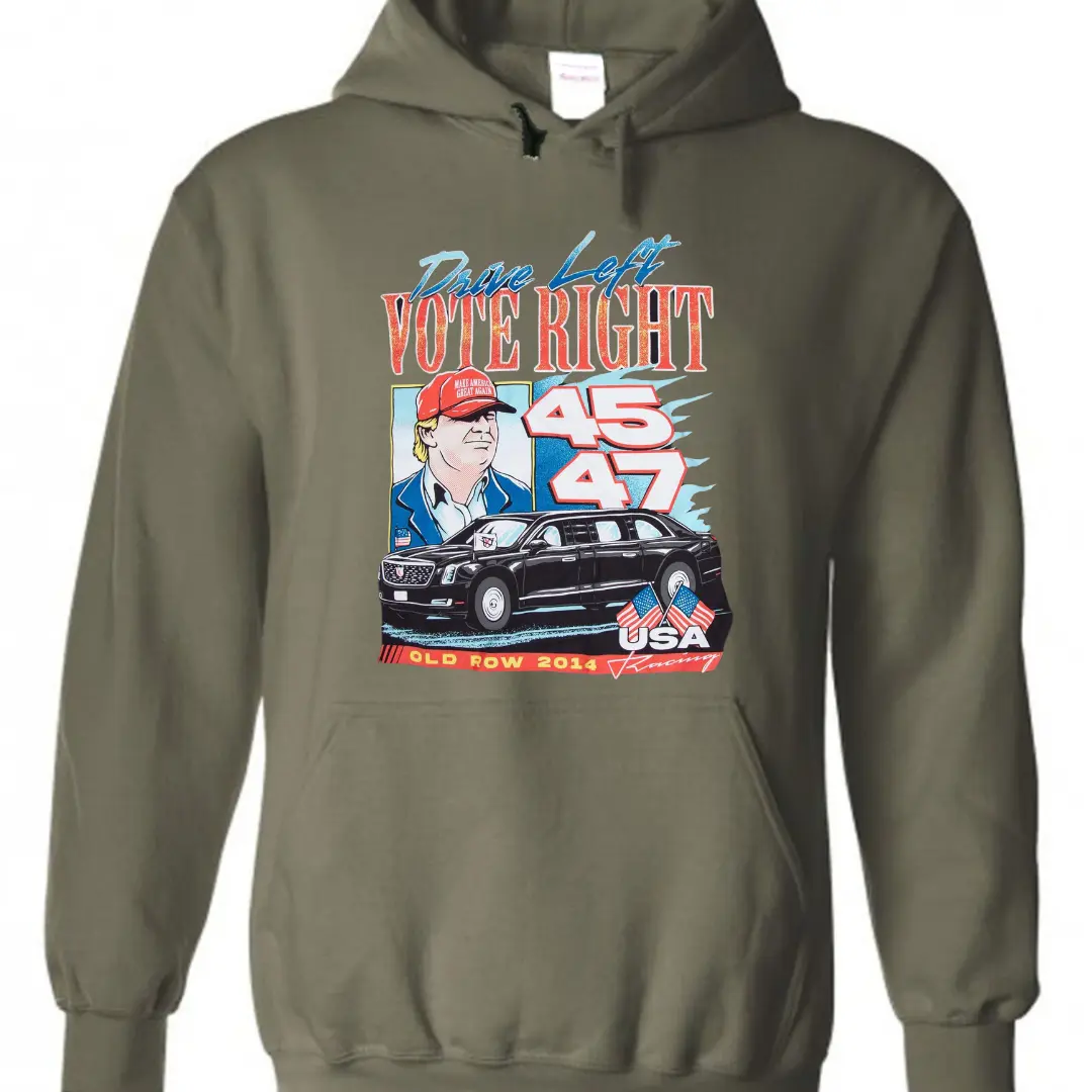 Patriotic USA Hoodie – Drive Left Vote Right Graphic Pullover, Political Car Sweatshirt for Men, Vintage American Style