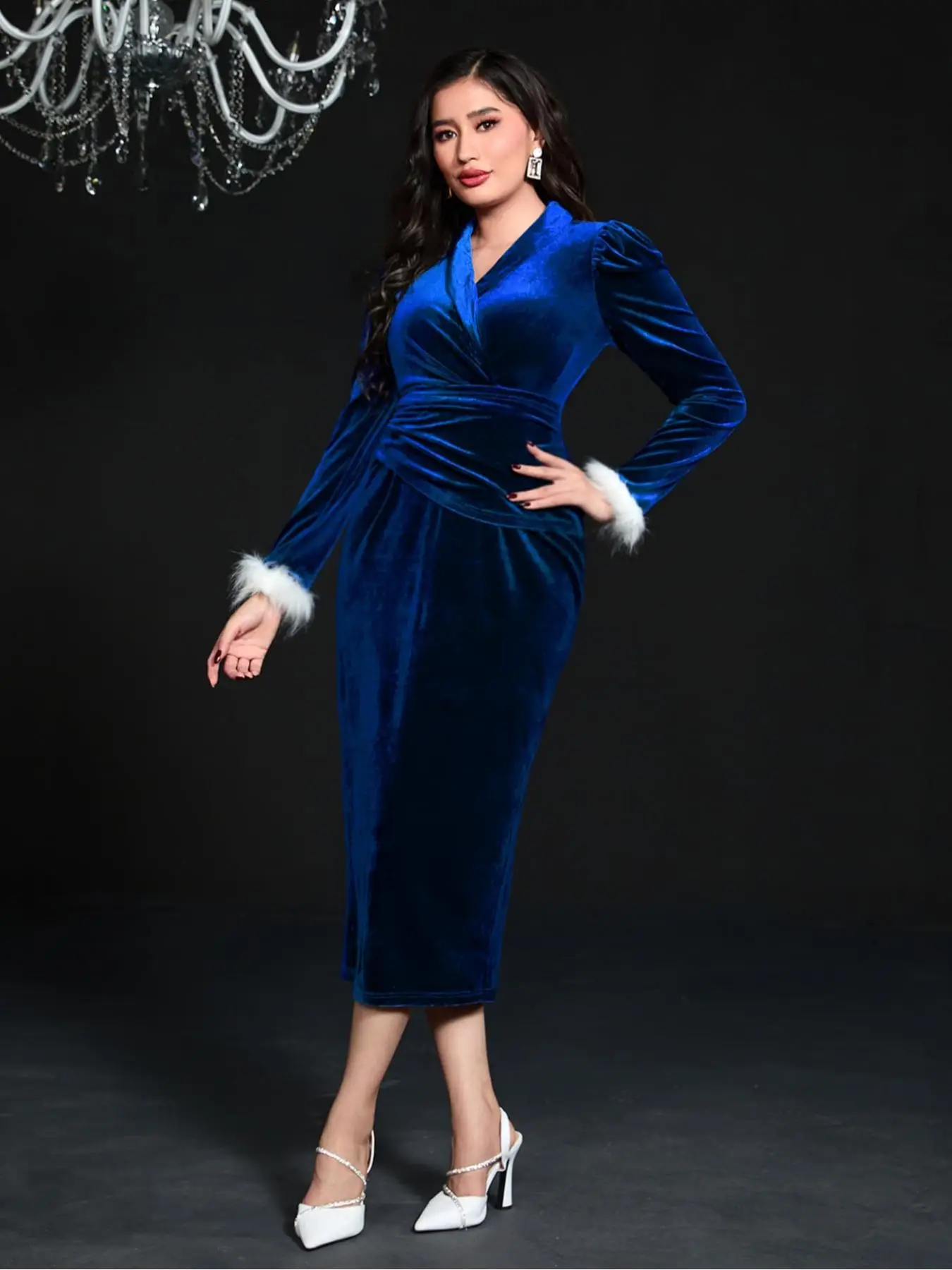 Arabic Clothing-Women's Contrast Faux Fur Ruched Wrap Shawl Collar Dress, Elegant Long Sleeve Arabian Dress for Spring & Fall, Women's Islamic Clothin