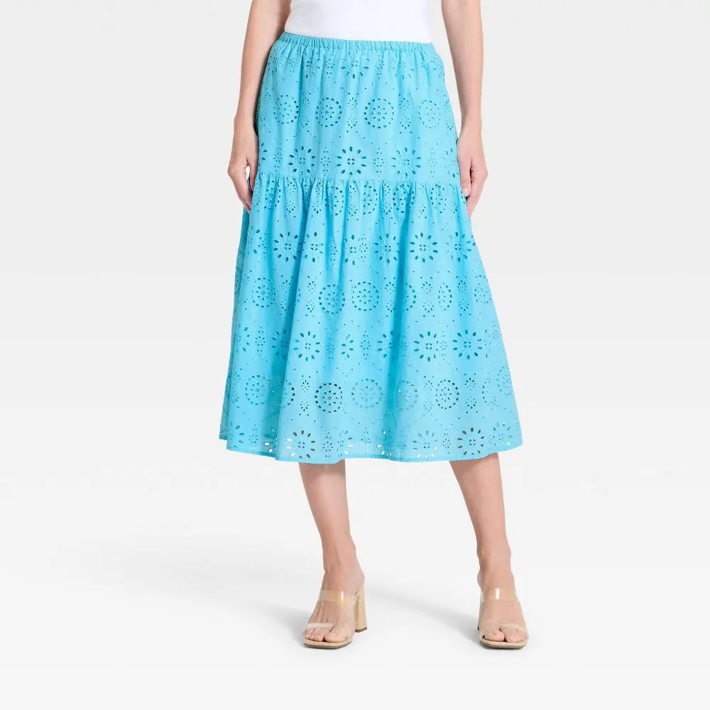 Women's Chic Cotton Fabric Tiered Eyelet Midi Pantskirt - A New Day, Stylish Women's Bottoms