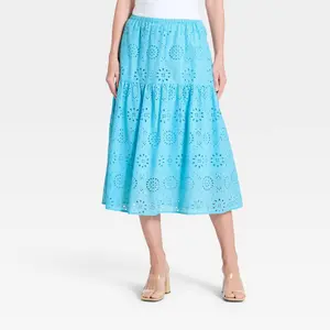 Women's Tiered Eyelet Midi Skirt - A New Day Blue M
